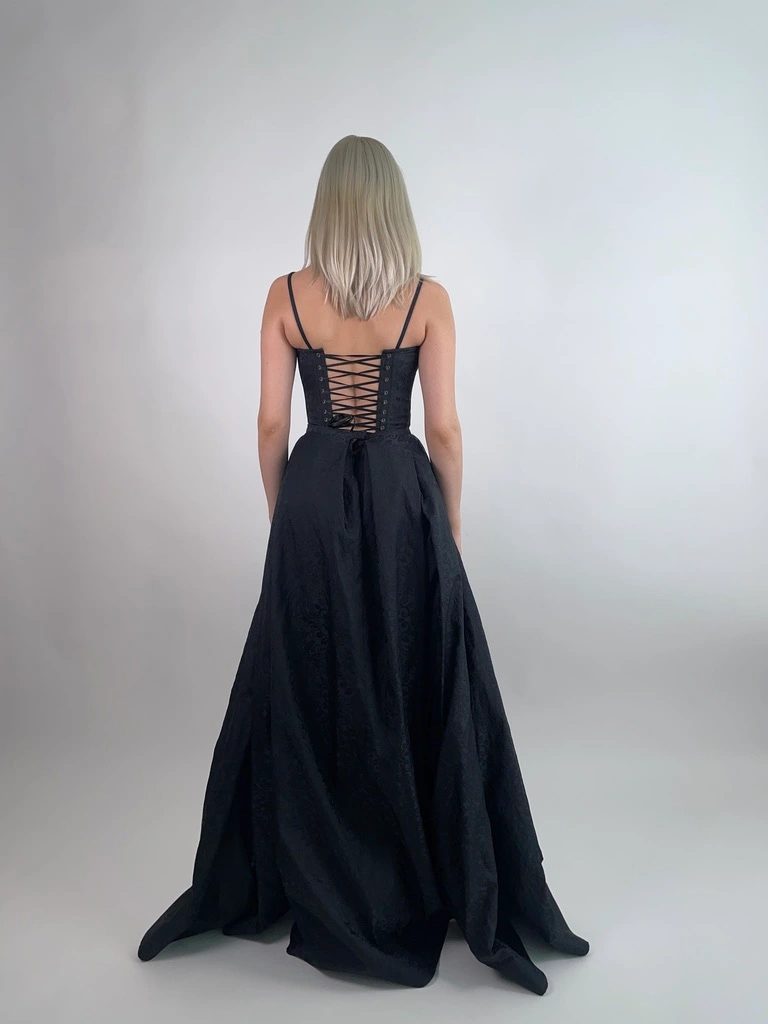 Brocade gown, back, laced closure and overskirt