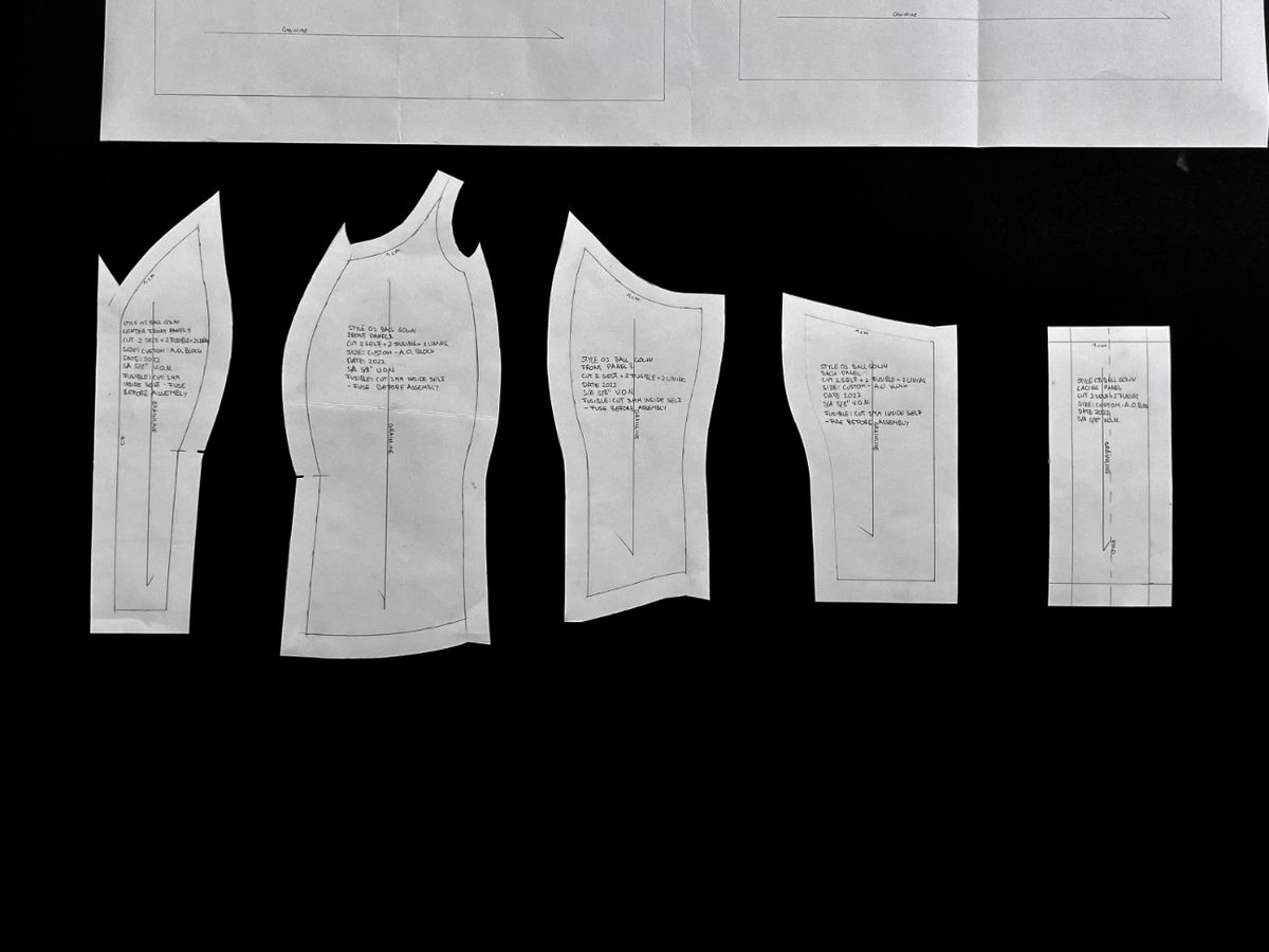 Corset pattern pieces with information blocks and notches